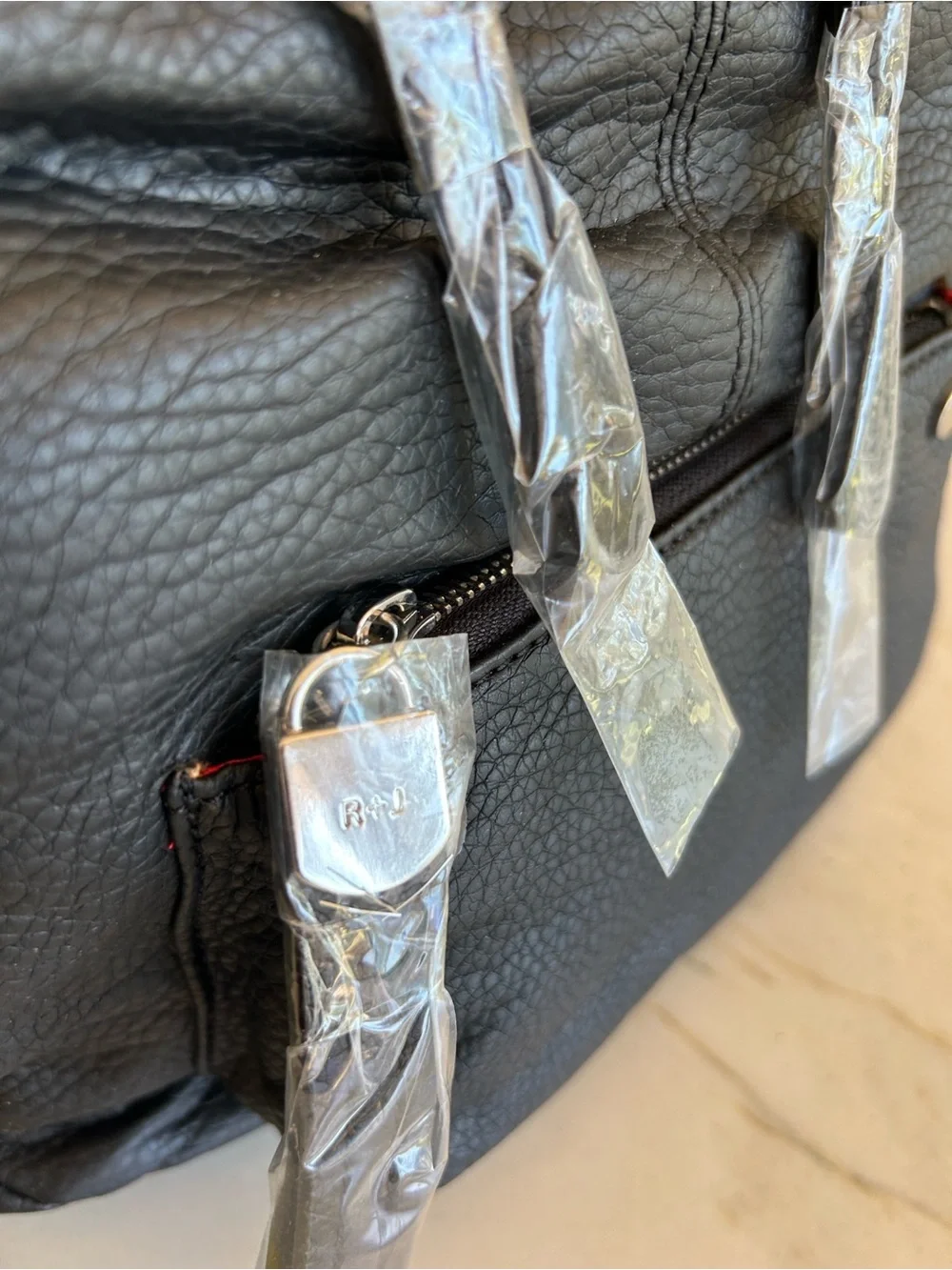R+J Black Pebbled Leather Shoulder Bag with Multiple Zip Pockets